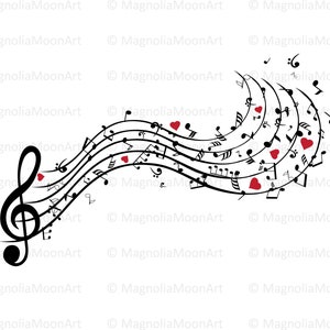 Musiknoten SVG, DXF, Musik Clipart, schneiden, Musiknoten Vektor, rotes Herz, Wirbel, Fliegen, Notenform, Noten und Herzen Silhouette