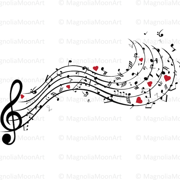 Musical Notes SVG, DXF, Music Clipart, cutting, Musical Notes vector, Red Heart, Swirls, Flying, Note shape, Notes and Hearts silhouette