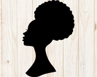 May include: Silhouette of a person with an afro hairstyle, facing left, against a white woodgrain background.