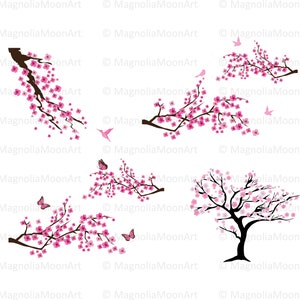 Clip Art de flor de cerejeira, cartão para impressão de flor de cerejeira, flor de Sacura, pacote de cereja, pássaros, borboletas, arte para impressão, vetor, EPS