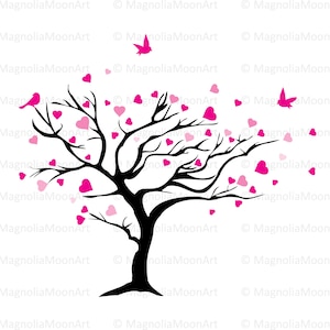 Arbre avec coeurs et oiseaux SVG, svg arbre de la Saint-Valentin, dxf, coeurs roses, Saint-Valentin, février, amour, oiseaux, arbre PNG, cricut, silhouette