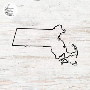 May include: A black line drawing of the state of Massachusetts on a white wood background.