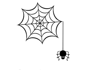 May include: Black and white illustration of a spider web with a spider hanging from it. The spider has eight legs and two large eyes.