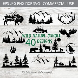 Wilderness Bundle svg, Forest Bundle svg, Trees svg, file di taglio per cricut, pino, quercia, cervo svg, PNG, lupo, alce, famiglia di cervi svg