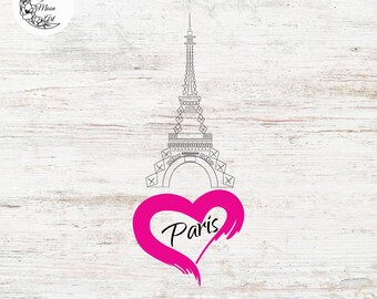 Eiffelturm SVG: Paris Silhouette mit rosa Herz (Digitale Dateien)