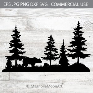 Orso in Pine Forest in formato SVG, orso in formato SVG, foresta in formato SVG, file di taglio per Cricut, DXF, PNG, albero in formato SVG, caccia, all'aperto, natura selvaggia, silhouette