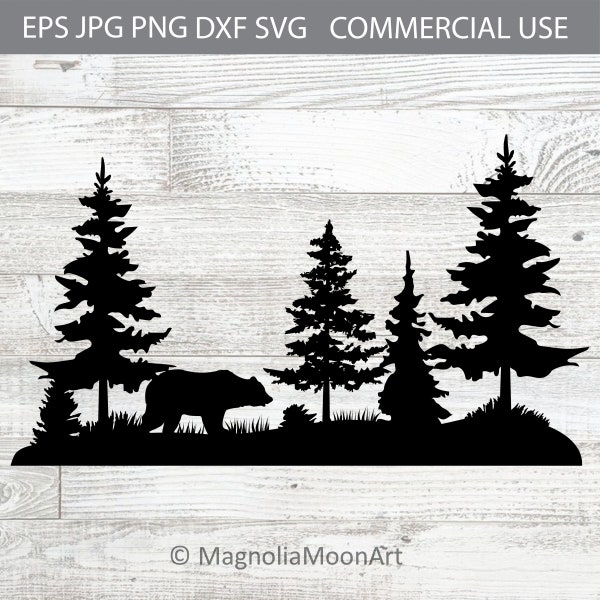 Bear in Pine Forest svg, bear svg, forest svg, cut file for cricut, dxf, PNG, tree svg, hunting, outdoors, wilderness, silhouette