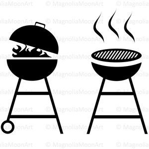 May include: Black and white illustration of two charcoal grills. One grill has its lid open, revealing flames. The other grill is shown with smoke rising from the grill. Both grills are on a three-legged stand.