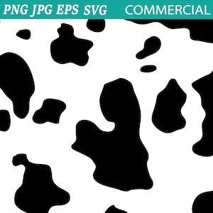 May include: Black and white cow print pattern. The pattern is made up of irregular black spots on a white background.