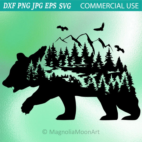 Bear svg, Fantasy Bear svg, cut file for cricut, Forest svg, Bear PNG, Mountains svg, Eagles, brown bear svg, Grizzly svg, Bear silhouette