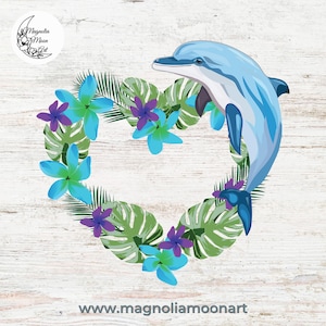Delphin mit tropischen Blumen und Blättern in Herzform PNG, Delphin digitale Clip Art, tropischer Vektor, digitaler Download