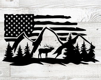 Elk and American Flag SVG: Mountain Forest Cut File