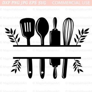 Moldura dividida de cozinha SVG, utensílios de cozinha divididos Monograma svg, cozinhar svg, Flourish Kitchen svg, arquivo de corte para cricut, arquivo de corte de cozinha, PNG