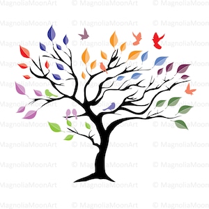 Boom met kleurrijke bladeren en vogels SVG, abstracte boom DXF, boom clipart, snijden, boom vector, boomvorm, vogel, abstracte boom silhouet