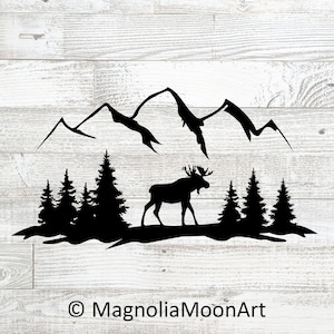 Alce nel bosco svg, Alce svg, Foresta svg, file di taglio per cricut, PNG, alberi svg, montagne svg, PNG, natura, all'aperto, silhouette