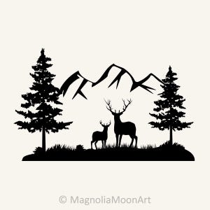 Cervi, alberi, montagne svg, cervo svg, file di taglio per cricut, pino svg, montagne svg, laser dxf per taglio laser, animale svg, forma di cervo