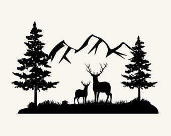 Herten, bomen, bergen SVG-bestand knippen: bos dierensilhouet (digitale download)