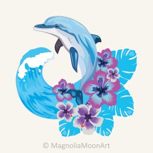 Dauphin avec des feuilles de fleurs tropicales et une vague océanique PNG, clipart numérique dauphin, vecteur tropical, téléchargement numérique