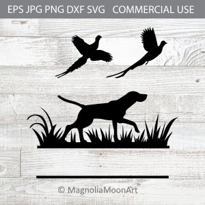 Caza de faisán SVG, perro cazando faisán SVG, archivo de corte para Cricut, PNG, JPG, archivo DXF para corte láser, diseño de camiseta, monograma de caza SVG