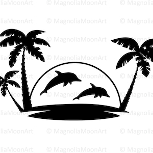 Palme e delfini in formato SVG / Tramonto sulla spiaggia in formato SVG / Alba / file di taglio per Cricut / file DXF per taglio laser / design per maglietta / Vacanze estive