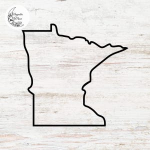 May include: A black outline of the state of Minnesota on a white wooden background.