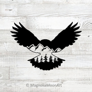 Gufo con file SVG foresta e montagne, Fantasy Owl Clipart, file di taglio per cricut, Gufo con ali spiegate SVG, file DXF per taglio laser, png