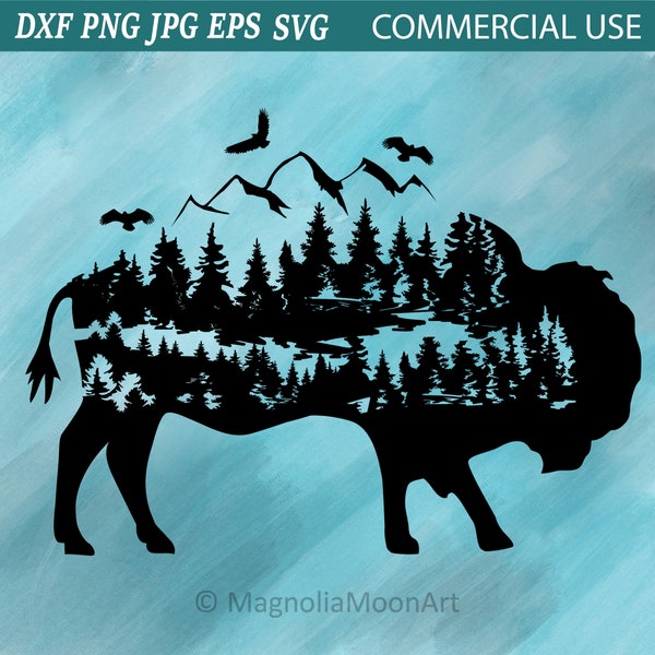 Bison SVG, Fantasy Bison Clipart, cut file for cricut , Forest, Bison PNG, Mountains, Eagle, American Bison, Buffalo, DXF, Bison silhouette