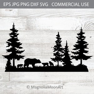 Mamma Orsa con cuccioli di orso in Pineta in formato SVG, orso in formato SVG, foresta in formato SVG, file di taglio per Cricut, DXF, PNG, albero in formato SVG, all'aperto, natura selvaggia, silhouette