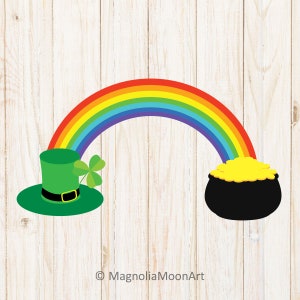 May include: A rainbow with a pot of gold at the end and a green leprechaun hat with a shamrock at the other end.