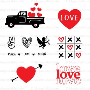 Valentijnsdag bundel svg, Valentine svg, gesneden bestand voor cricut, Valentine Truck svg, vrede, liefde, Cupido svg, hart svg, silhouet, png, jpg