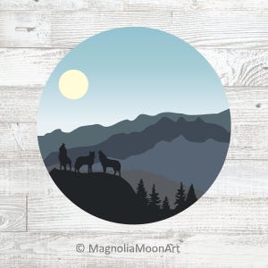 May include: A circular illustration of a blue sky with a white sun, a mountain range in shades of blue, and three wolf silhouettes howling at the moon.