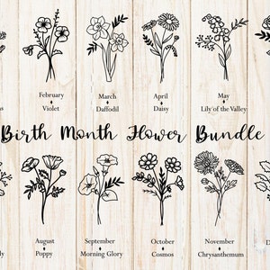 Paquete de flores del mes de nacimiento svg, ramo de flores del mes de nacimiento, archivo cortado para cricut, diseño de camisa, PNG, flor svg, silueta, uso comercial