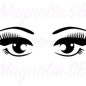 以下が含まれることがあります： 長いまつげのある白黒の漫画の目。目は右を見ています。