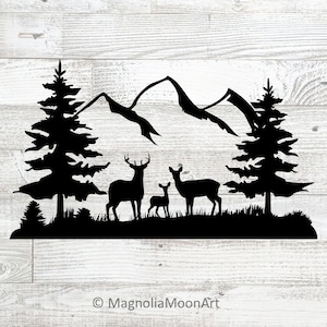 Hertenfamilie svg, Deer in the Woods svg, gesneden bestand voor de cricut, png, natuur, avontuur, buitenshuis, baby herten, bergen svg, jpg, silhouet