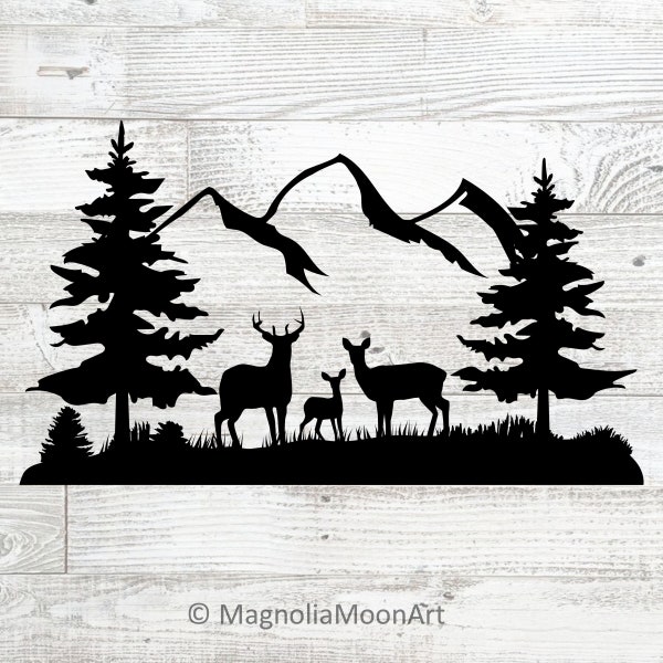 Deer Family svg, Deer in the Woods svg, cut file for cricut, PNG, nature, adventure, outdoors, Baby Deer, mountains svg, jpg, silhouette