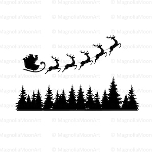 Père Noël avec renne SVG, svg père Noël, fichier coupé pour Cricut, svg Noël, renne svg, svg forêt, silhouette père Noël et forêt