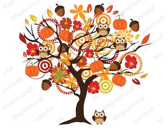 Fall Tree digital clip art, Fall Tree with Owls printable card, Tree printable art, vector, EPS, tree, autumn, pumpkin, instant download