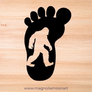 May include: Black silhouette of a Bigfoot walking inside a large footprint.