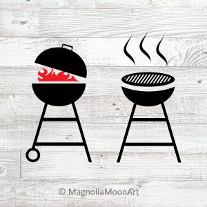 May include: Black and red illustration of two charcoal grills. One grill has its lid open, revealing red flames. The other grill has a grill grate and steam rising from it. The image is on a white wood background.
