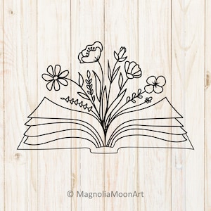 Arquivo SVG Open Floral Book | Livro com flores Svg | Arquivo DXF para corte a laser | Flores crescendo em um livro | Livro bonito Svg | Livro de leitura