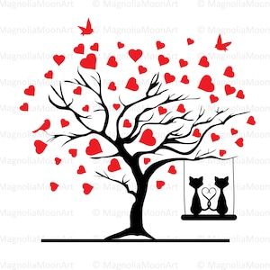 Arbre d'amour SVG, arbre avec des chats svg, fichier de coupe pour cricut, arbre svg, svg de la Saint-Valentin, coeurs rouges, chats se balançant svg, PNG, dxf, silhouette d'arbre