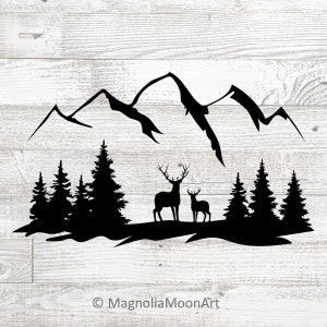 Hirsch, Wald und Berge SVG, Hirsch Schneidedatei, Schneidedatei für Cricut, DXF Laserschnitt, Wildtier svg, Tiere in freier Wildbahn svg, Jagd, Silhouette