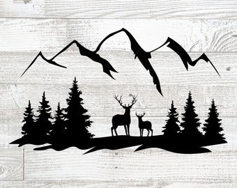 Herten, bossen en bergen SVG-bestand knippen: wildernis silhouet (digitale download)