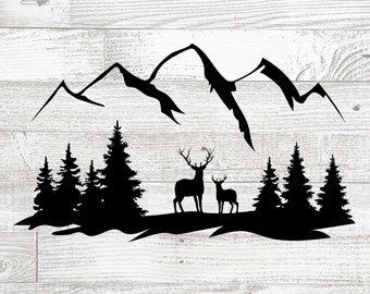 Deer, Forest and Mountains SVG, Deer svg, cut file for cricut, DXF laser cut, Wilderness svg, Animals in the Wild svg, hunting, silhouette