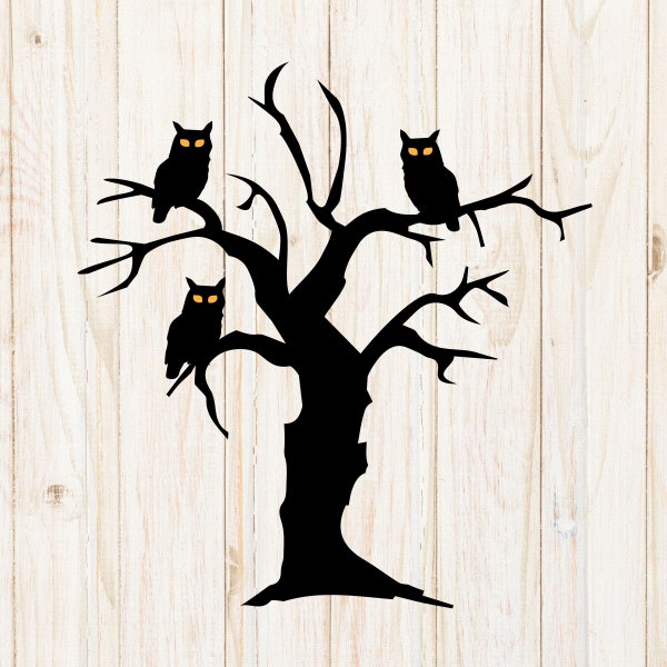 Tree with Owls with Glowing Eyes svg, Spooky Tree svg, scary tree svg, cut file for cricut, PNG, jpg, dxf, Halloween svg, Fall, Autumn