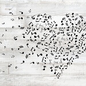May include: A white wood background with a black heart shape made of musical notes.