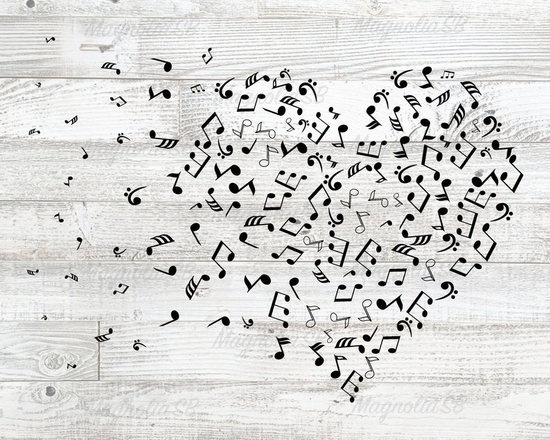 May include: A white wood background with a black heart shape made of musical notes.