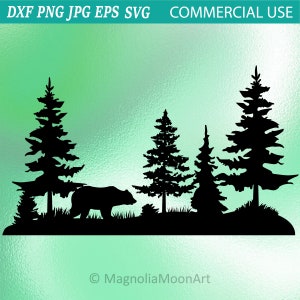 Bear and Pine Forest svg, bear and forest svg, cut file for cricut, dxf, PNG, tree svg, hunting svg, outdoors, wilderness, silhouette