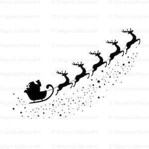 Père Noël volant avec renne svg, vecteur de Noël, fichier dxf pour découpe laser, clipart étoiles et père Noël, conception de la silhouette, PNG JPG