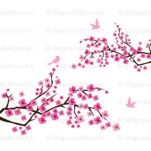 Cherry Blossom with Birds digital clip art, Cherry Blossom printable card, Cherry Branch printable art, Bird, vector, EPS, instant download